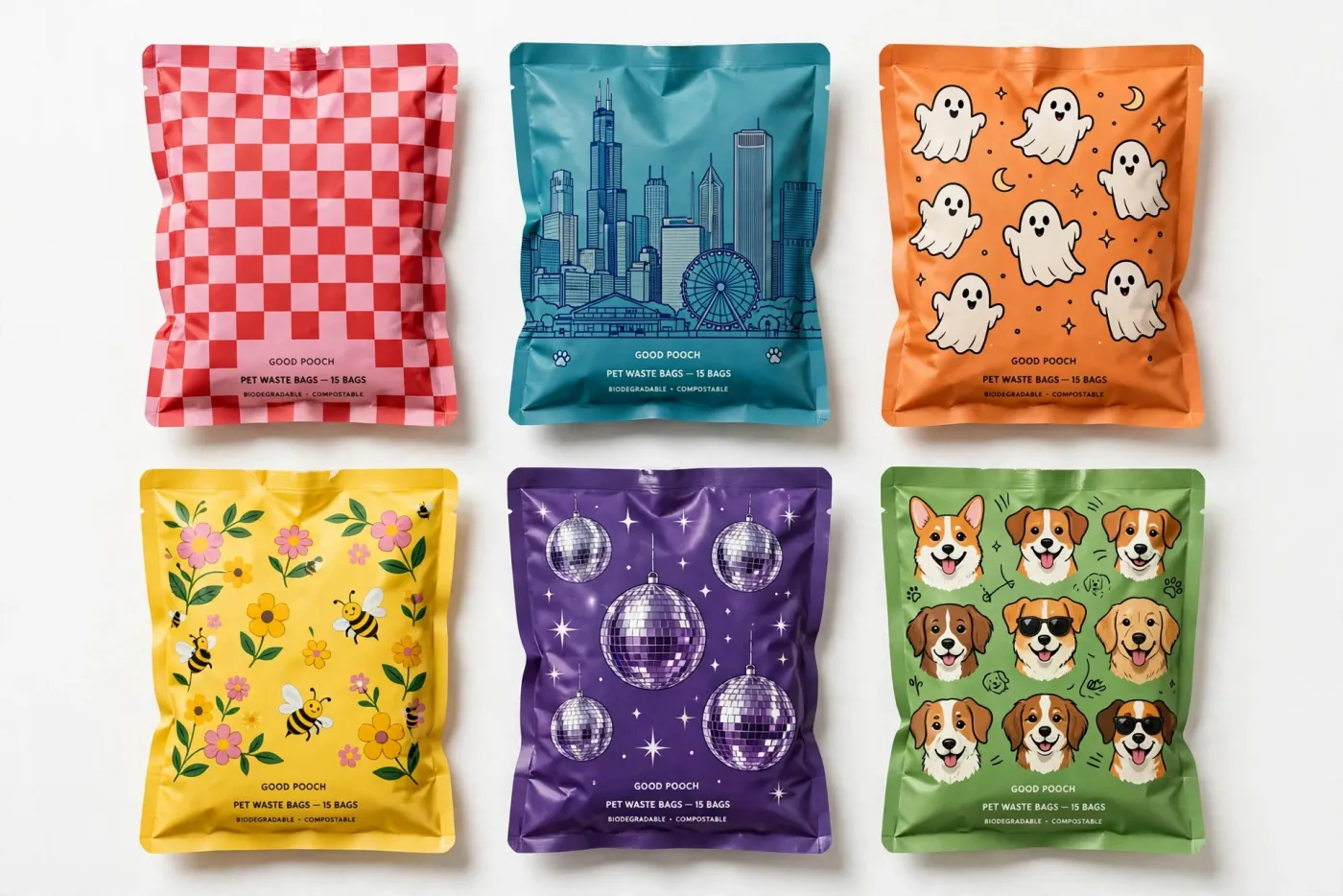 Six print designs: pink checkerboard, Chicago skyline, Halloween ghosts, garden bees, disco balls and dog faces