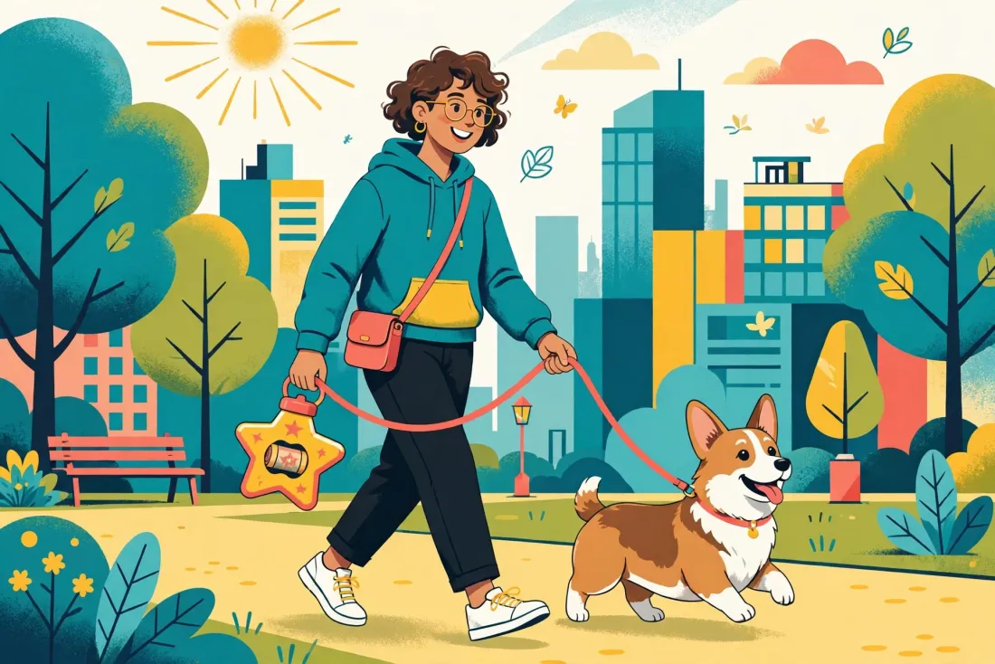 Illustration of a person walking a happy corgi through a city park with a star-shaped dispenser on the leash
