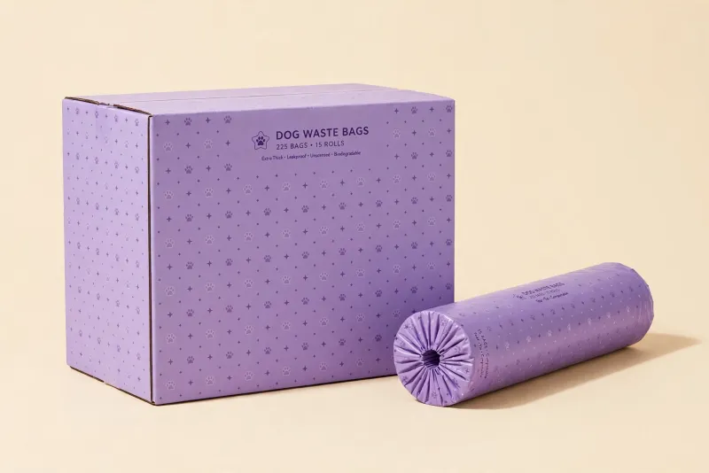 Large lavender Yard Boss box with a subtle star-and-paw print and a jumbo roll